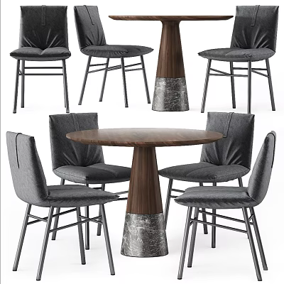 Modern Round Wooden Dining Table Set With Gray Upholstered Chairs And Metal Legs 3d model