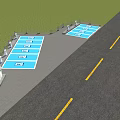 Modern Parking Lot with Blue Marked Spaces Entry Gate and Fencing