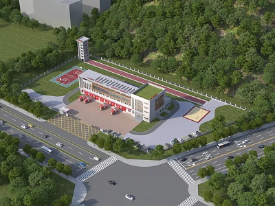 Modern Fire Station Surrounded By Green Trees With Parking Area And Training Ground 3d model