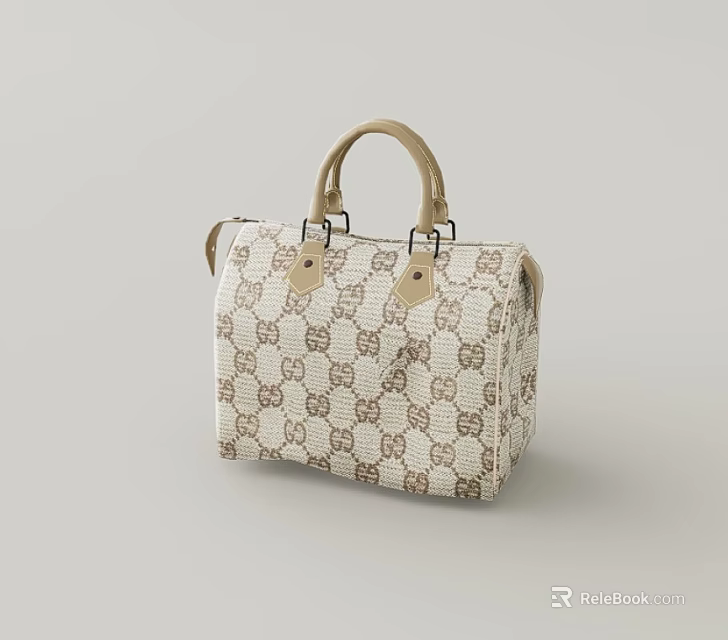 Beige And Brown Checkerboard Pattern Handbag With Leather Handle And GG Logo 3d model 