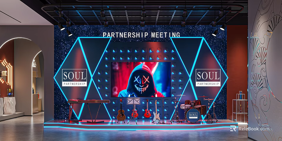 Stage Design For Partnership Meeting With Musical Instruments And Branding 3d model 