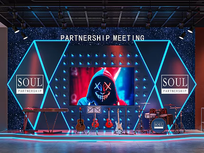 Stage Design For Partnership Meeting With Musical Instruments And Branding 3d model
