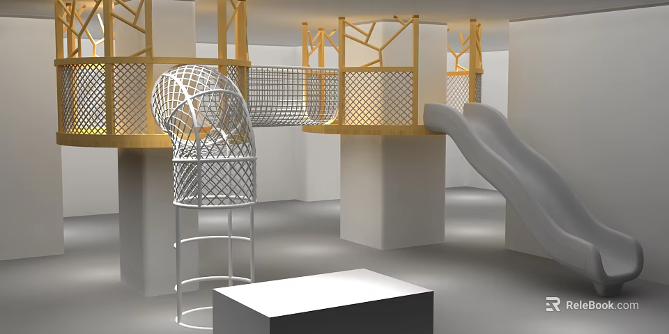 Modern Playground Equipment with White Mesh Structure Wooden Frames Slide and Elevated Platforms 3d model