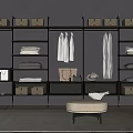 Modern Walk in Closet Interior Design With Hanging Clothes Wooden Shelves Storage Baskets And Stool