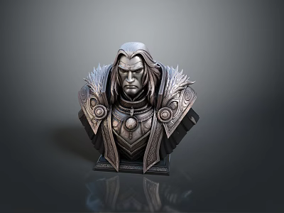 Man with Long Hair in Ornate Bust Sculpture Featuring Decorative Armor and Chest Pendant 3d model