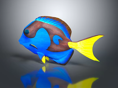 Vibrant Blue And Brown Fish With Yellow Tail And Reflective Surface 3d model