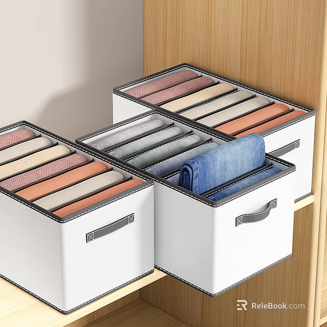Neatly Folded Clothes Organized In White Fabric Storage Bins On Wooden Shelf For Closet Organization 3d model 