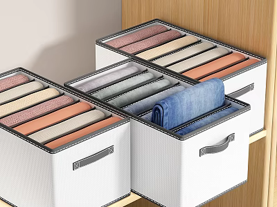 Neatly Folded Clothes Organized In White Fabric Storage Bins On Wooden Shelf For Closet Organization 3d model