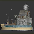 Scenic Cliffside Wooden Cottage on Rocky Outcrop With Beach Water Boat and Smoking Chimney