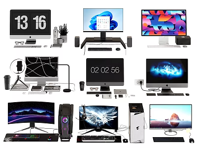 Various Computer Monitors Desktop PCs With Accessories And Peripheral Devices 3d model