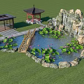Scenic Chinese Garden Landscape Featuring Lotus Pond Wooden Bridge Rock Waterfall Pavilions and Green Lawn