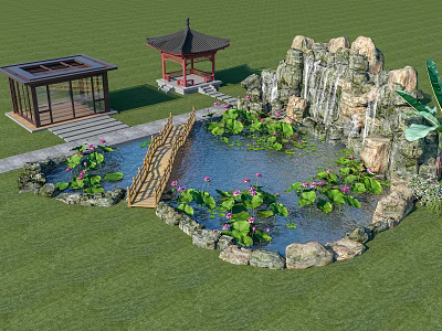 Scenic Chinese Garden Landscape Featuring Lotus Pond Wooden Bridge Rock Waterfall Pavilions and Green Lawn 3d model