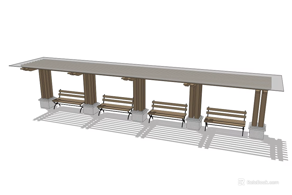 Stylish Outdoor Pergola Structure with Covered Roof Columns and Wooden Benches 3d model 