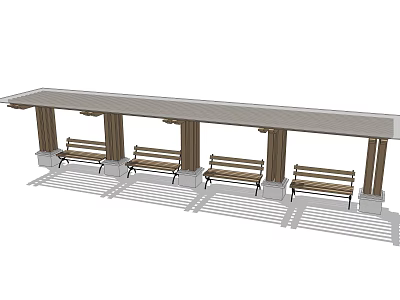Stylish Outdoor Pergola Structure with Covered Roof Columns and Wooden Benches 3d model