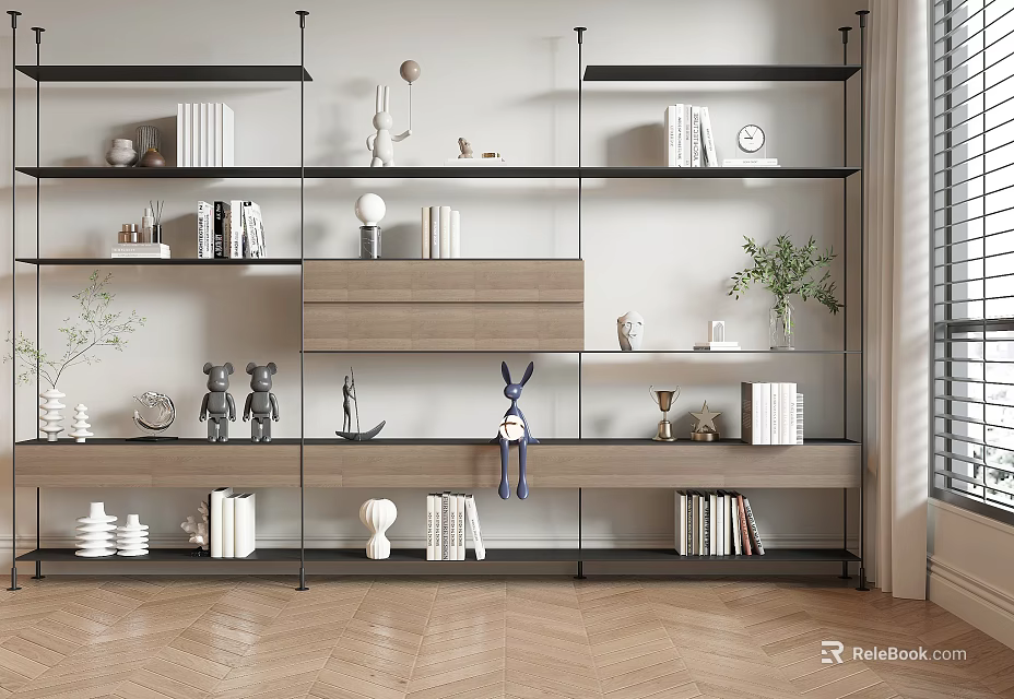 Modern Living Space Shelf Unit With Metal Frame Wooden Shelves Books And Decorative Items 3d model 