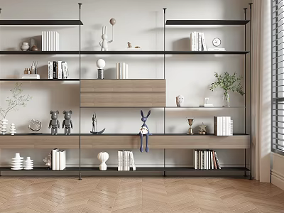 Modern Living Space Shelf Unit With Metal Frame Wooden Shelves Books And Decorative Items 3d model