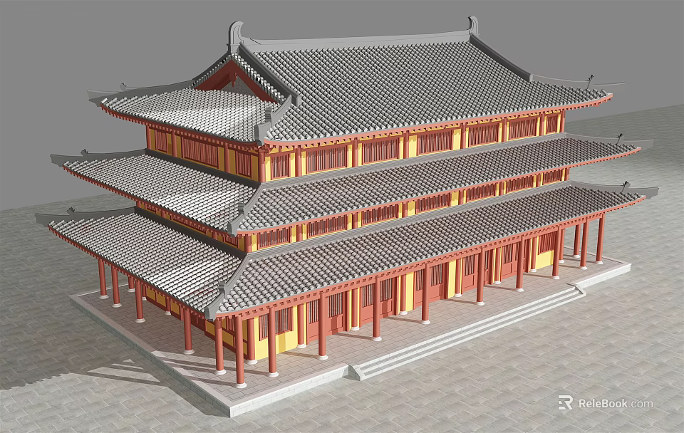 Ancient Chinese Architectural Design Three Story Structure With Tiled Roof Red Pillars And Yellow Walls 3d model 