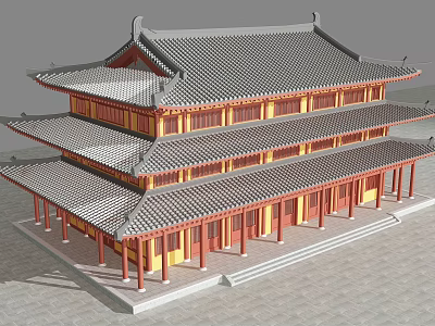 Ancient Chinese Architectural Design Three Story Structure With Tiled Roof Red Pillars And Yellow Walls 3d model