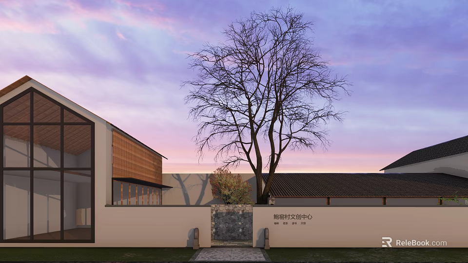 Boutique Homestay Building With Large Tree Stone Entrance And Purple Sunset Sky 3d model 