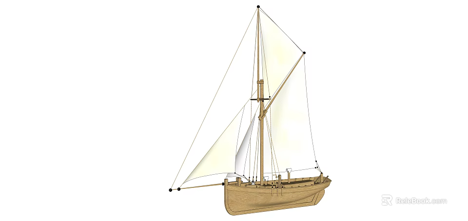 Wooden Sailboat Model With White Sails Mast And Classic Hull Design 3d model 