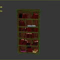 Red Wooden Bookcase With Multiple Shelves Holding Colorful Books And Open Volume