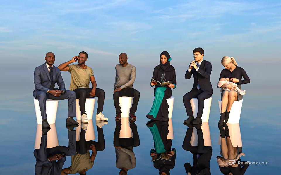 Group of Diverse People Sitting on White Chairs with Blue Sky Background and Reflections 3d model 