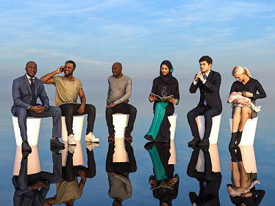 Group of Diverse People Sitting on White Chairs with Blue Sky Background and Reflections 3d model