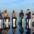 Group of Diverse People Sitting on White Chairs with Blue Sky Background and Reflections