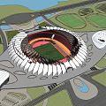 Sports Complex Master Plan With Circular Stadium Green Spaces And Central Lake 3d model
