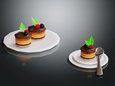 Delicious Mini Cakes With Chocolate Topping Fresh Berries And Green Leaves On White Plates 3d model