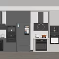 Modern Kitchen With Gray And White Cabinets Built-in Appliances Refrigerator Oven Stove And Range Hood
