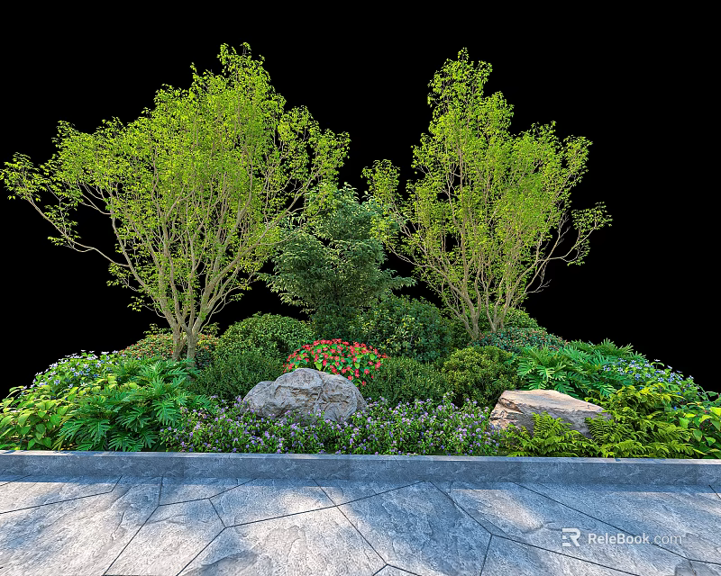 Lush Green Shrubs With Mixed Plants Rocks And Stone Pathway In Garden Landscaping 3d model 