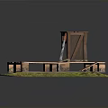 Wooden Pallet Built Structure On Green Grass Area With Vertical Wooden Plank And Metal Parts