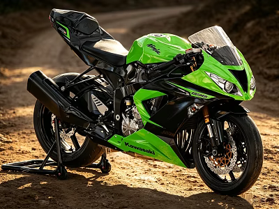 Green and Black Sport Motorcycle Parked on Dirt Road in Outdoor Setting 3d model