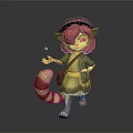 Cartoon Character With Red Hair Cat Ears Brown Hat Green Cardigan Yellow Dress Striped Tail