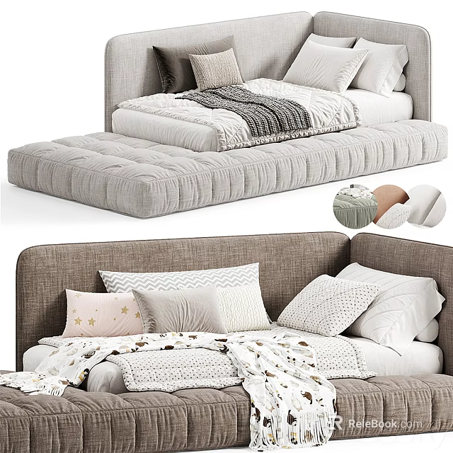 Cozy Children's Bed With Tufted Padded Mattress Soft Pillows And Warm Blankets 3d model 
