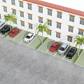 Parking Lot With Multiple Cars Palm Trees White Building And Gray Pavement