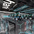 Modern Internet Cafe Interior With Gaming Computers And Neon Lights 3d model