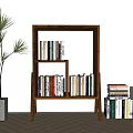 Wooden Open Bookcase With Books On Multiple Shelves And Potted Plant On Wooden Floor