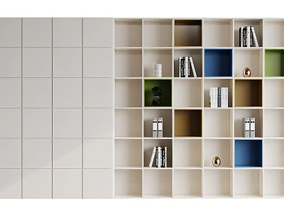 Modern White Frame Bookcase With Multi Compartment Colorful Cubbies Holding Books And Decorative Items 3d model