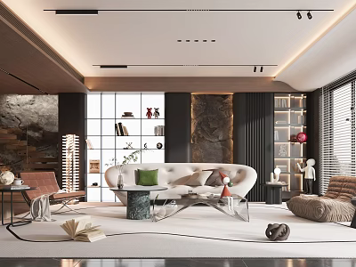 Modern Living Room Interior Design With Curved Sofa Area Rug And Decorative Lighting 3d model