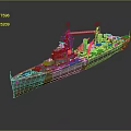 Warship 3D Model With Gray Hull Red Bottom Multiple Turrets Smokestacks And Antennas 3d model
