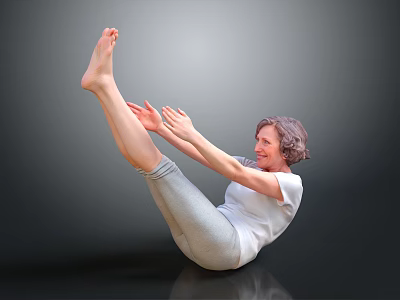 Smiling Gray Haired Woman Doing Exercise Lying On Back Lifting Legs And Stretching Hands 3d model