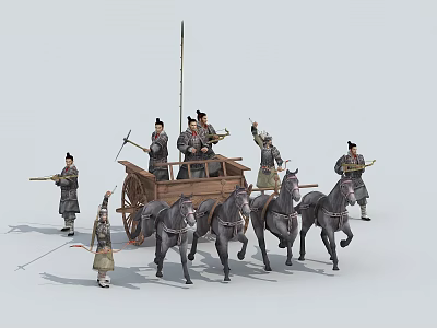 Group of Ancient Figures Riding on Horse Drawn Carriage with Traditional Attire Moving Together 3d model