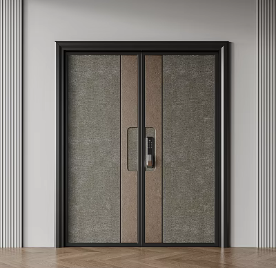 Modern Double Door With Black Frame Textured Panel And Wooden Accent 3d model