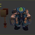 Muscular Man In Blue And Brown Outfit With Armor And Large Hammer Beside Him