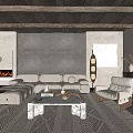 Rustic Living Room Interior With Wooden Ceiling Stone Wall Light Sofa And Marble Coffee Table