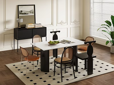 Modern Dining Table Set Interior With White Top Black Legs Brown Chairs And Checkered Rug 3d model