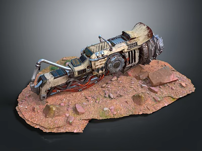Rugged Custom Motorcycle on Sandy Beige Rocky Dirt Base with Metallic Parts Red Accents 3d model