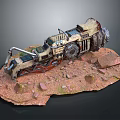 Rugged Custom Motorcycle on Sandy Beige Rocky Dirt Base with Metallic Parts Red Accents